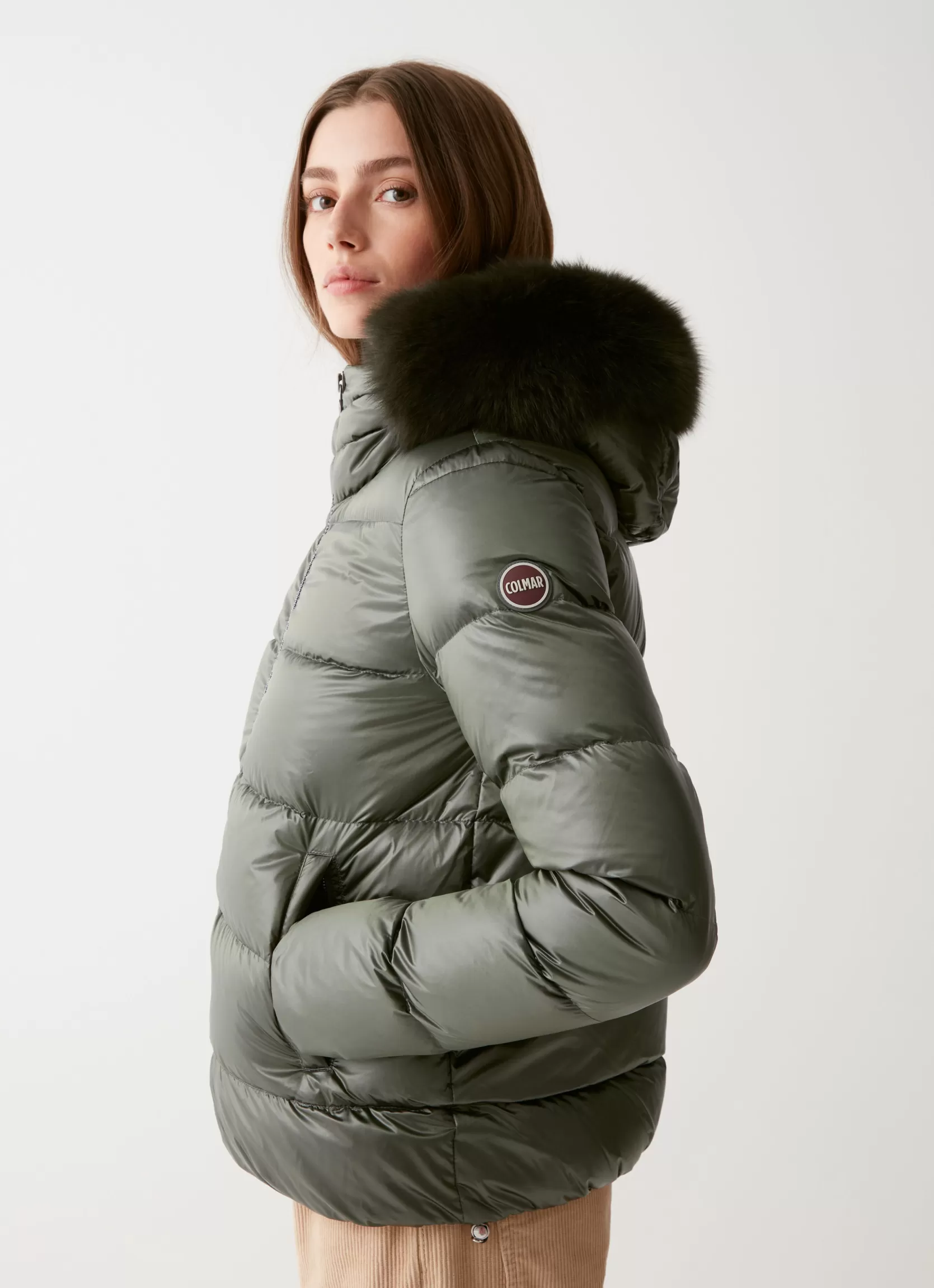 Colmar Iridescent down jacket with real fur hood | woman Winter Down Jackets